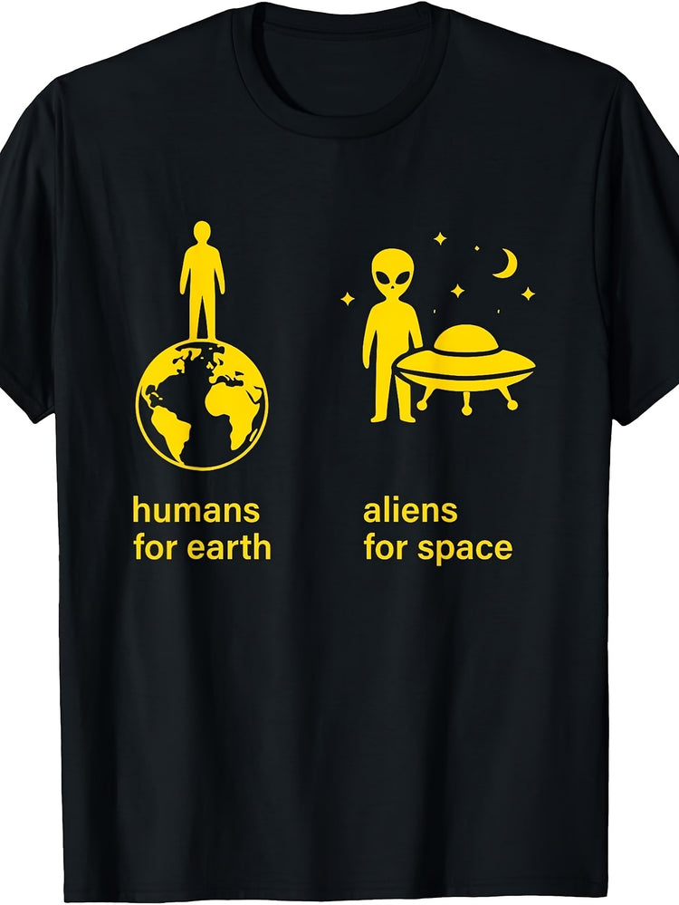 Men's & Women's Funny Aliens for Earth Space Graphic T-Shirt - Retro Round Neck Casual Tee Suitable for, Machine Washable Humorous Earth, - Fit for Themed Parties & Casual Attire