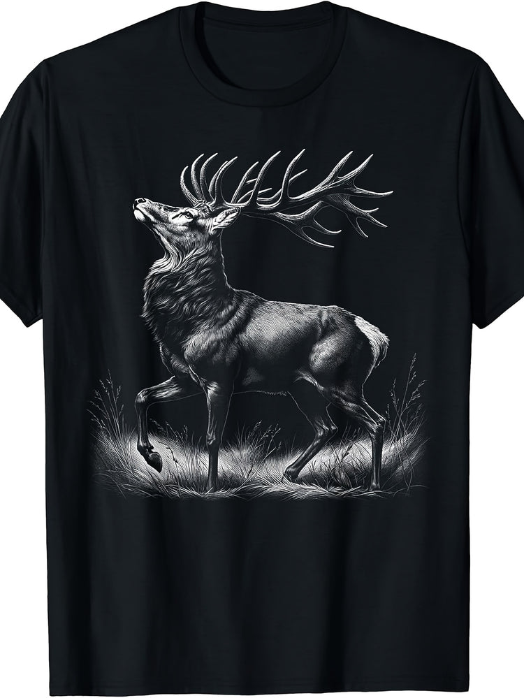 Vintage Style, Men's And Women's T-Shirt, Majestic Stag Deer with Large Antlers Bellowing In Grass, Outdoor Hunting Camping Fall Winter Gift