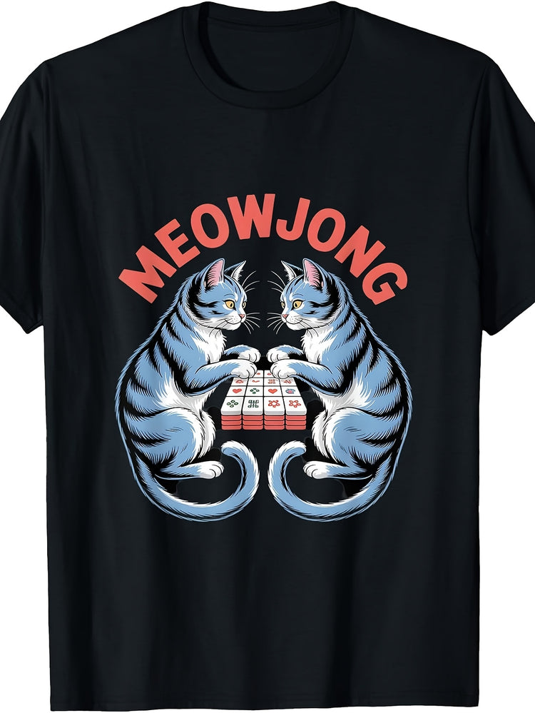 Funny Meowjong Cats Playing Mahjong Tiles Humorous T-Shirt