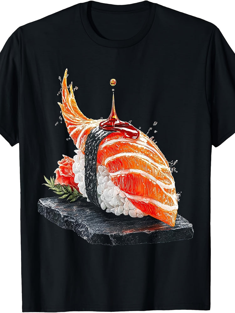 Artistic, Men's And Women's T-Shirt, Dynamic Salmon Sushi with Soy Sauce Splash On Stone Plate, Casual Wear Summer