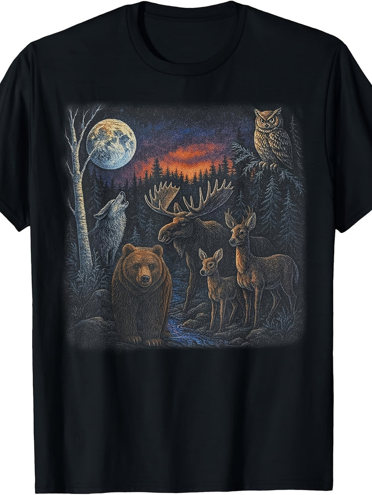 Men's And Women's T-Shirt, Wildlife Forest Animals Moonlit Scene, Outdoor Adventure Summer Wear